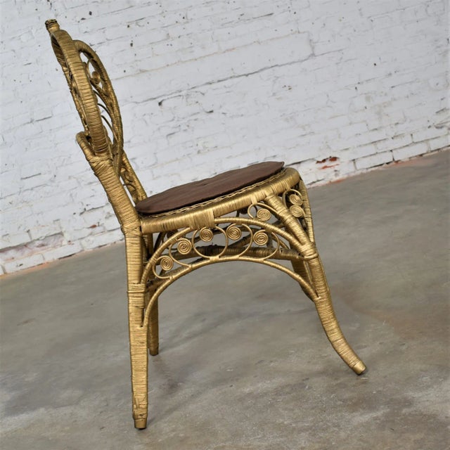 Hollywood Regency 1960-1970’s Hollywood Regency Bohemian Gold Wicker Side or Accent Chair Heart Shape Back For Sale - Image 3 of 12