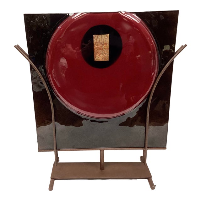 Signed Sculptural Art Glass Vase on Iron Stand For Sale