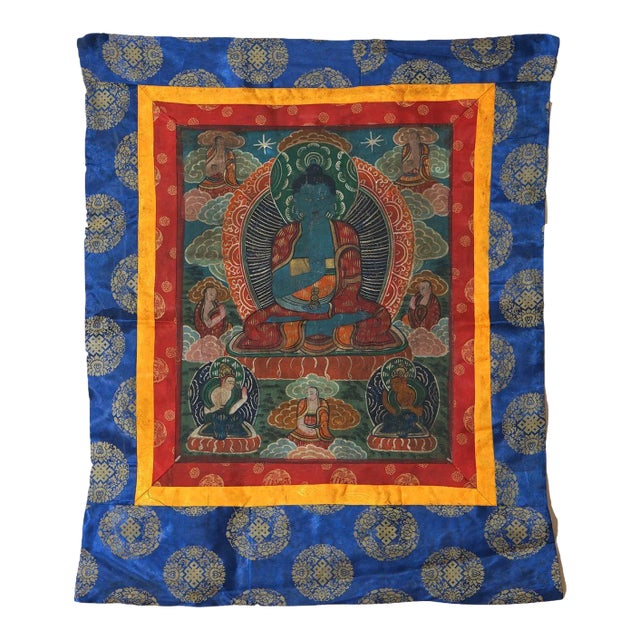 Antique Tibetan Hand Painted Silk and Canvas Thangka with Figures C1920 For Sale