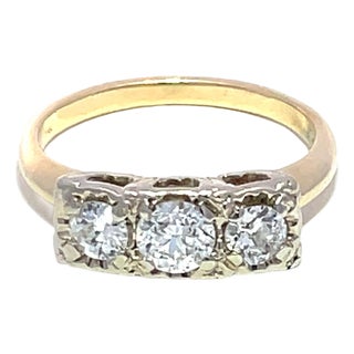 Antique 14k Yellow/White Gold 3 Stone Diamond Engagement Ring, Size 6 For Sale
