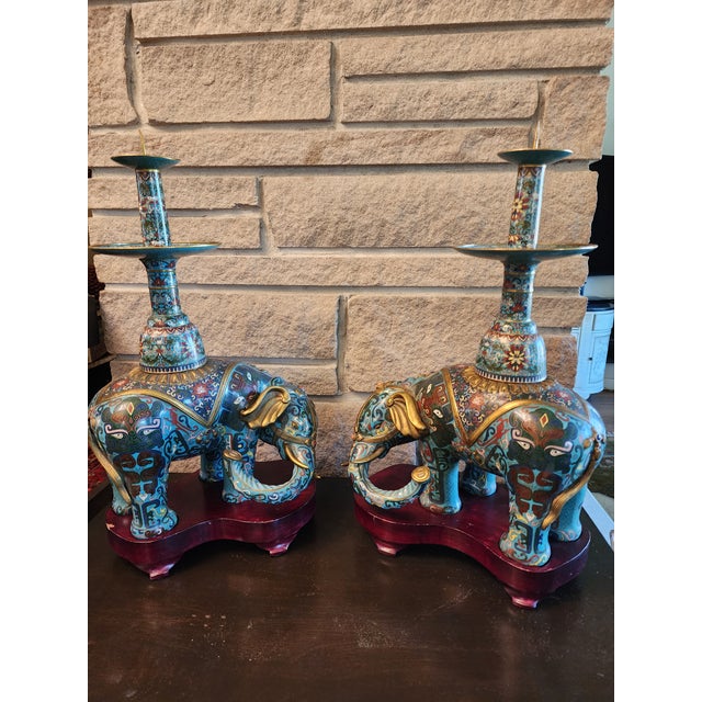 Metal 18th Century Important Pair Gilt Bronze and Cloisonne Elephant Altar Candle Holders For Sale - Image 7 of 13