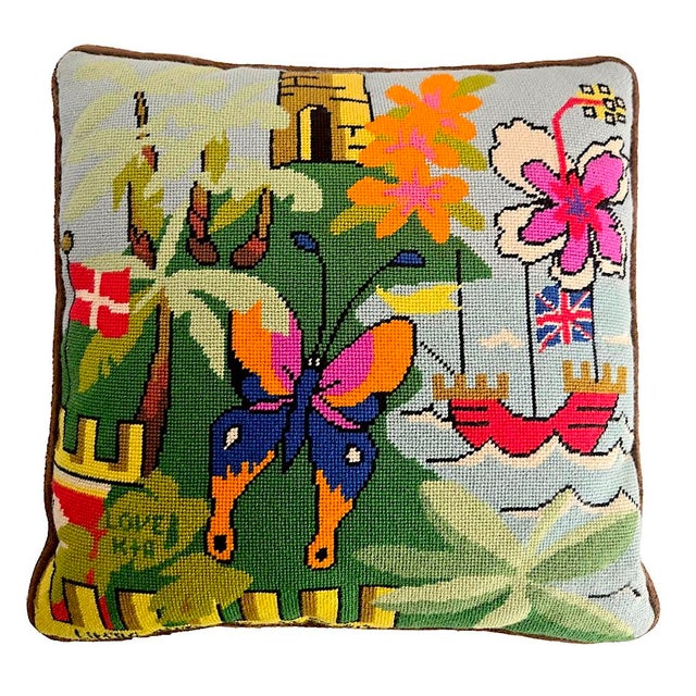 1980s Vintage Needlepoint Pillow With Butterfly, Danish Flag, Pirate Ship For Sale - Image 5 of 12