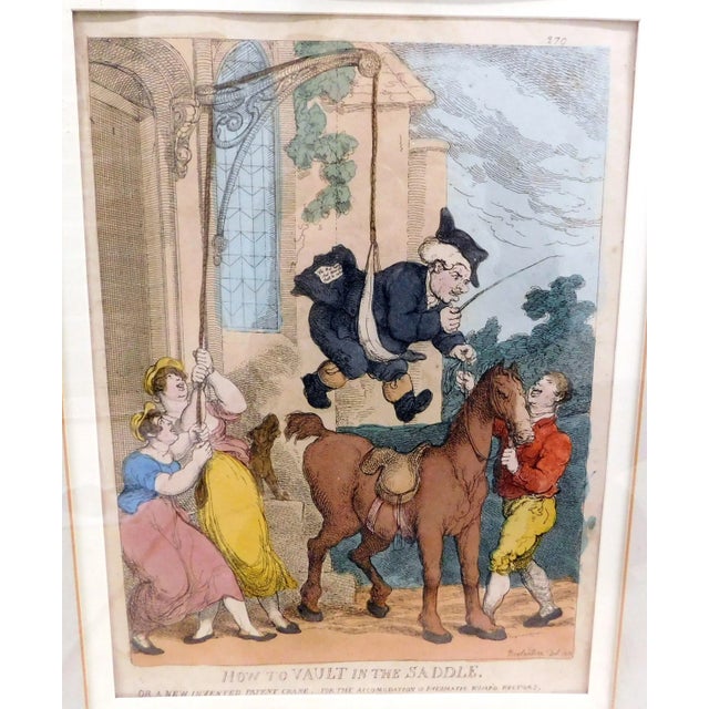 Hand-colored satirical engraving entitled, "How to Vault in the Saddle or a New Invented Patent Crane for the Accomodation...