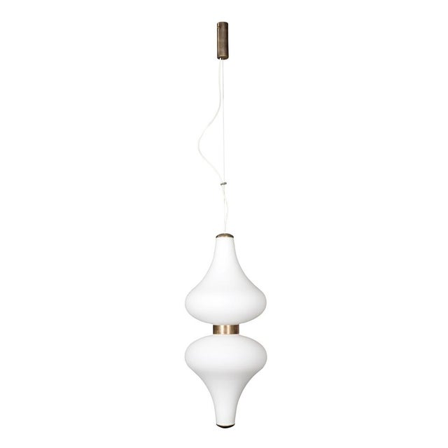 Stilnovo Vintage Chandelier in White Glass and Brass from Stilnovo, 1960s For Sale - Image 4 of 5