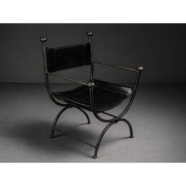 Mid 20th Century Iron & Leather Curule Armchairs — Set of Four, Sold in Pairs or as a Complete Set For Sale - Image 5 of 9