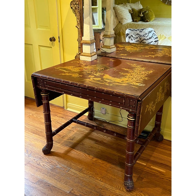 We found this antique French chinoiserie deep red writing table/ desk with its folding sides in Paris and fell in love...