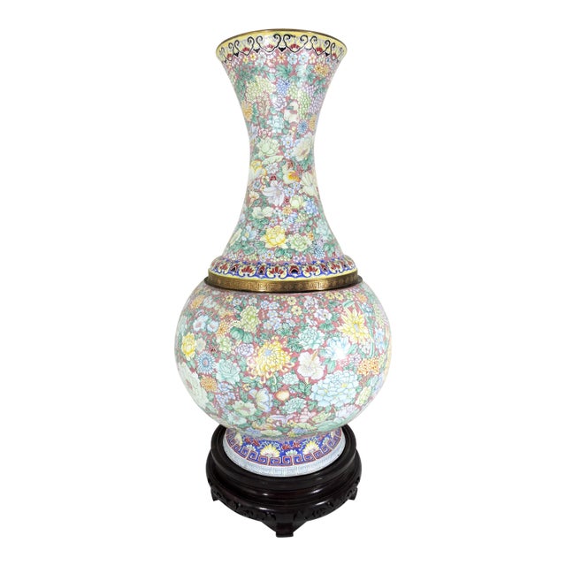 Massive Chinese (1000 Flowers) Summer Flowers & Lotus Pond Floor Vase, Republic, Enamel Over Brass For Sale