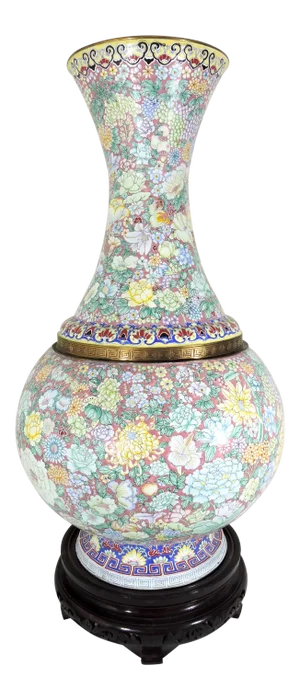 Massive Chinese (1000 Flowers) Summer Flowers & Lotus Pond Floor Vase, Republic, Enamel Over Brass