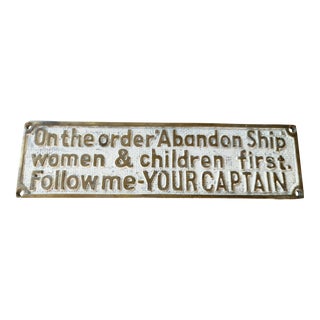 Vintage Whitewashed Brass "Abandon Ship" Nautical Sign/Plaque For Sale