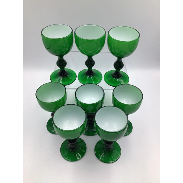Carlo Moretti Vintage Carlo Moretti Italy Green White Cased Glass Mini Cordial Shot Glasses - Set of 8 For Sale - Image 4 of 5