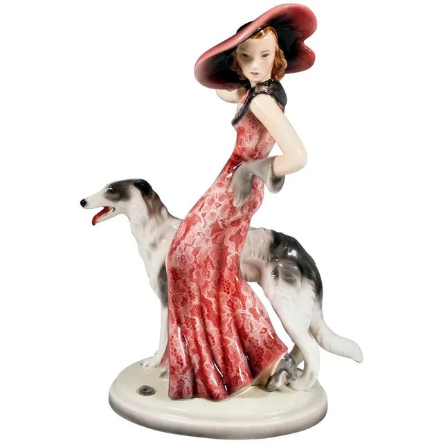 Ceramic Masquerade Lady with Barsoi Figurine attributed to Claire Weiss for Goldscheider, Vienna, 1935 For Sale - Image 7 of 7