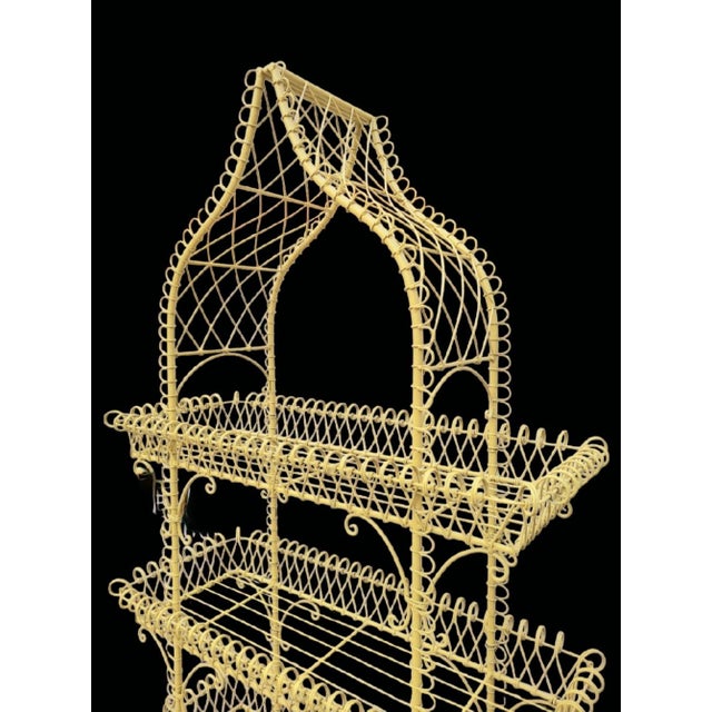 Vintage French Country Yellow Palm Beach Regency Pagoda Wire Bakers Rack Plant Stand For Sale - Image 11 of 13