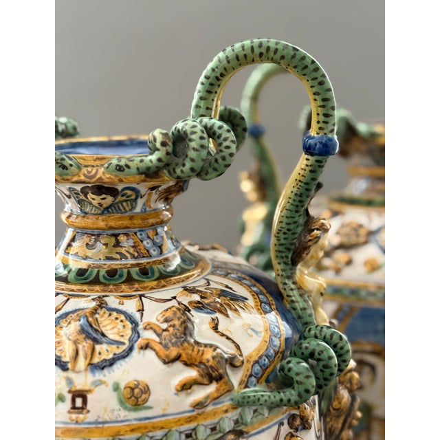 Majolica Vases, Naples, Italy, 19th Century, Set of 2 For Sale - Image 4 of 15