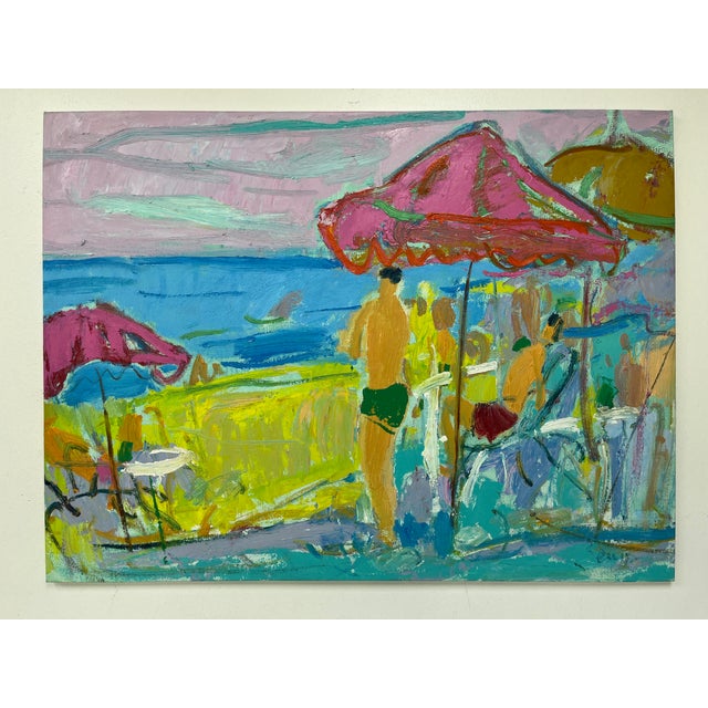 This colorful 36” x 48” original oil painting captures a vibrant summer day at the beach through bold brushstrokes and...
