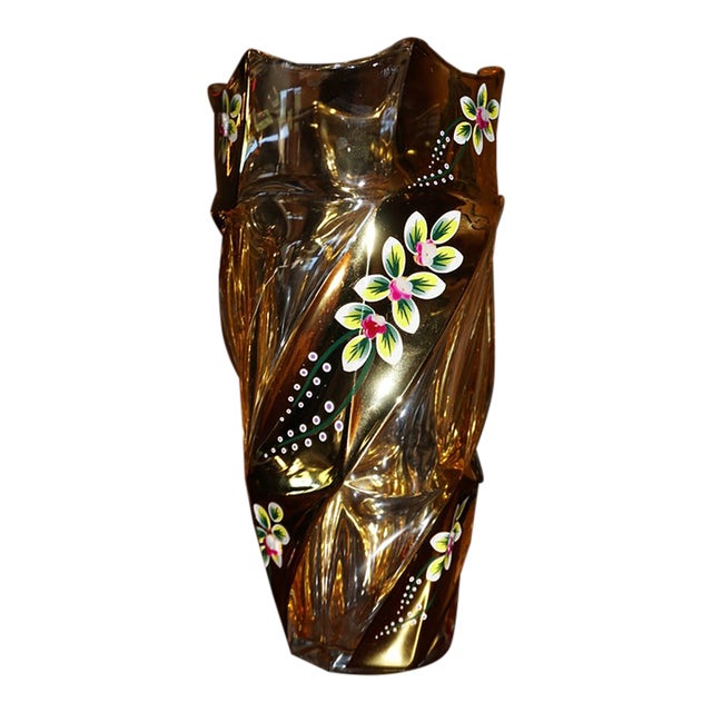 Vintage Bohemian-Style Amber Art Glass Vase With Hand-Painted Flowers For Sale
