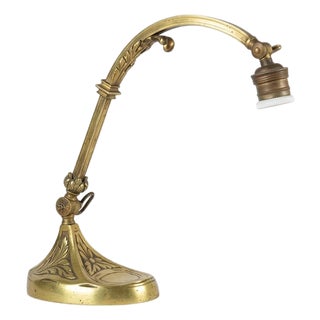 Art Nouveau Brass Desk Lamp with Adjustable Gooseneck, Fluted Glass Shade and Floral Relief Base, Europe, 1920s For Sale