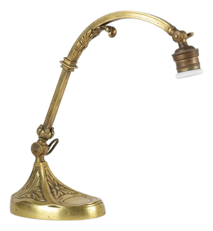 Art Nouveau Brass Desk Lamp with Adjustable Gooseneck, Fluted Glass Shade and Floral Relief Base, Europe, 1920s