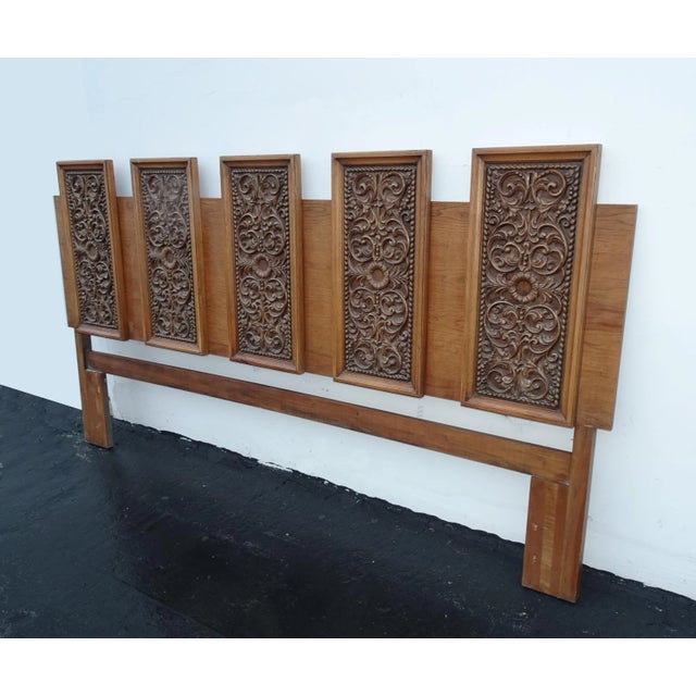 Mid-Century Modern Vintage Drexel Mid-Century King Size Headboard Spanish Style W Five Carved Panels For Sale - Image 3 of 13