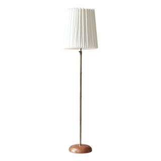 Modern Scandinavian Brass and Oakwood Floor Lamp with Le Klint Shade, 1950s For Sale