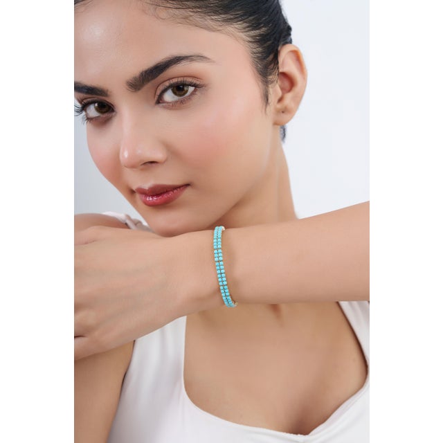 14k Yellow Gold Double Beaded 9.85ct Turquoise Tennis Necklace for Women For Sale - Image 10 of 16