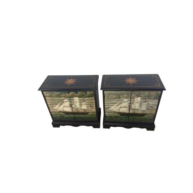 Pair of Hand-Painted Nautical Cabinets, Clipper Ship & Compass Rose Design For Sale - Image 11 of 18