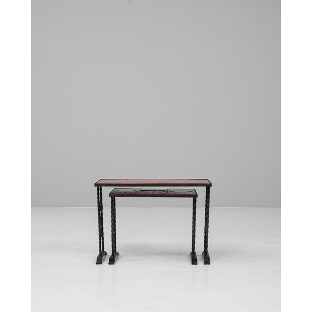 20th Century French Iron Nesting Tables With Ceramic Tops - A Pair For Sale - Image 16 of 18