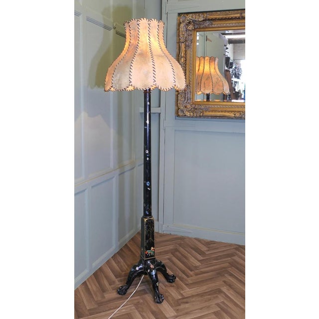 Paint Vintage Black Chinoiserie Lacquer Decorated Standard Lamp, 1930 For Sale - Image 7 of 10