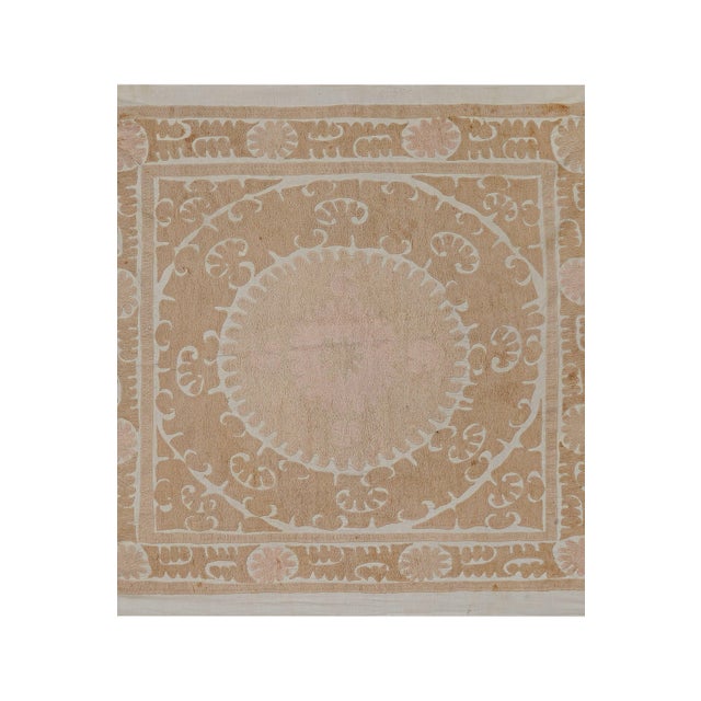 Minimal Neutral Suzani Textile, Beige Uzbek Table Cover Decor 4'4'' X 4'4'' For Sale - Image 4 of 10