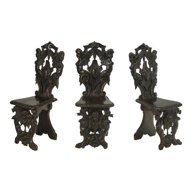 19th Century Renaissance-Style Ebonized Walnut Hall Chairs - Set of 3 For Sale