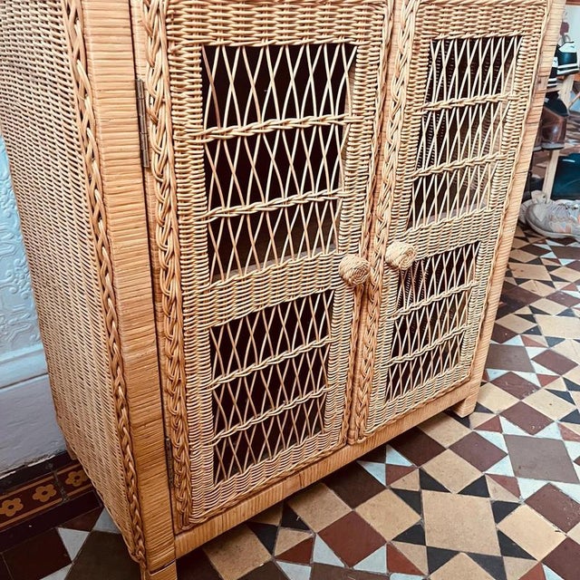 Vintage Wicker Shelved 2-Door Cupboard For Sale - Image 9 of 14