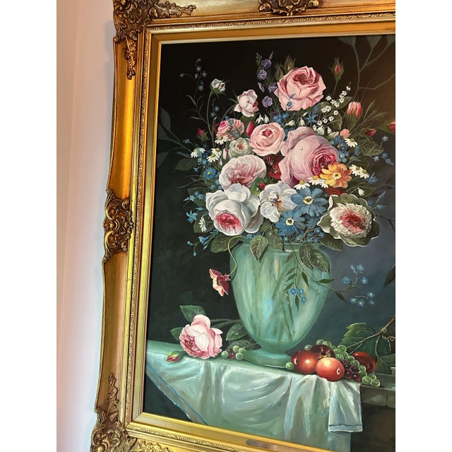 Pink Large Framed Vintage Oil on Canvas Victorian Style Floral Painting For Sale - Image 8 of 13