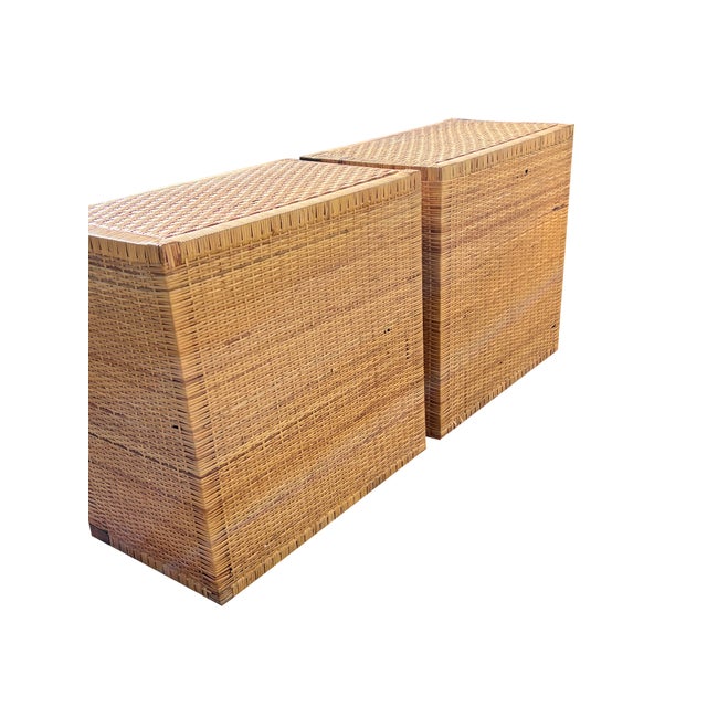 Vintage Wicker Rattan Pair of Chest of Drawers Dressers With Brass Campaign Style Hardware For Sale - Image 13 of 13