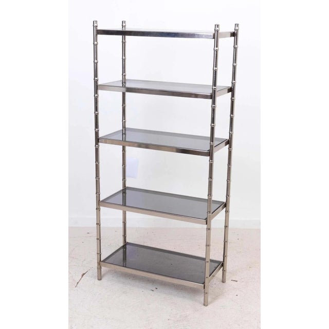 1970s Chrome Hollywood Regency Faux Bamboo Five Shelf Étagère For Sale - Image 5 of 11