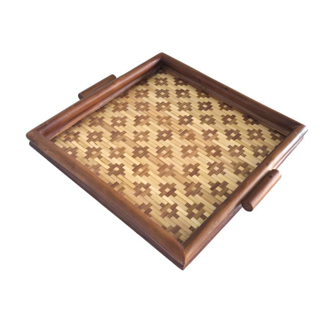 Vintage Square Diamond Weave Bamboo Tray For Sale In Miami - Image 6 of 10