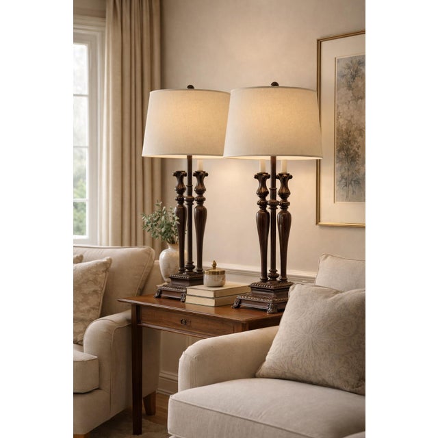 Pair of 1980s Neoclassical–Style Table Lamps With Ornate Cast Bases & Original Drum Shades — Elaine R. Estate For Sale In Los Angeles - Image 6 of 7