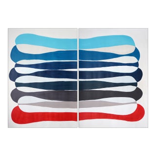 2026, Looping Horizon, Modern Organic Diptych, Color Band Elipse in Blue and Red, Acrylic Paint on Watercolor Paper by Ryan Rivadeneyra For Sale