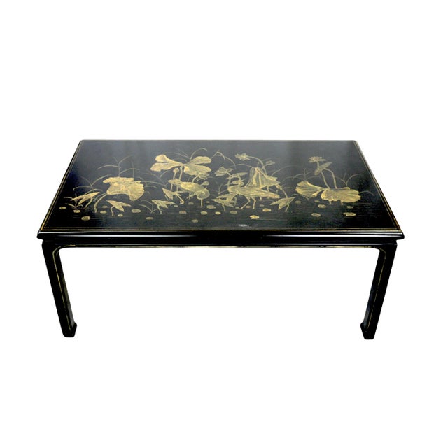 Black Hand-Painted Golden Chinese-Style Lotus Coffee Table For Sale In New York - Image 6 of 10