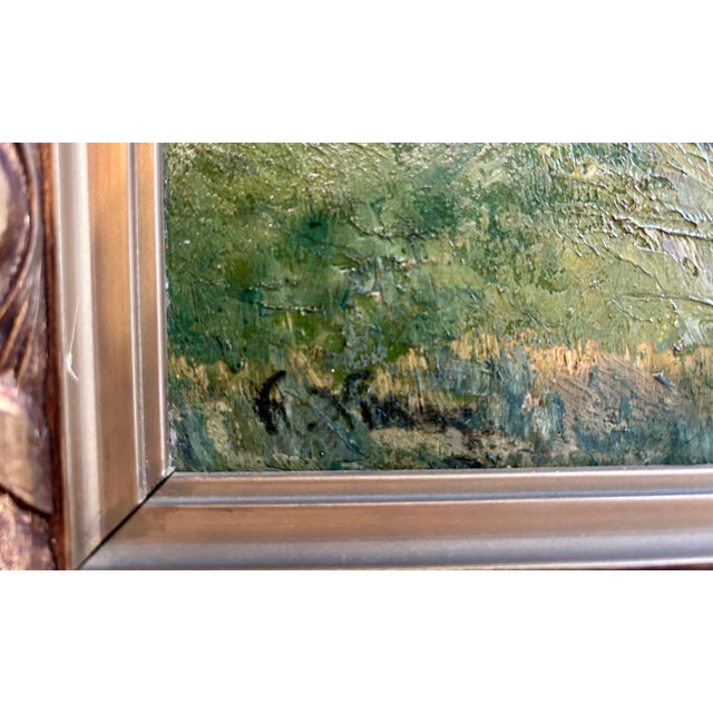 Sky Blue 1920s Antique European Impressionist Oil Painting, Danube River Monastery For Sale - Image 8 of 9