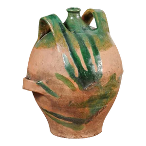 French Provincial 19th Century Green Glazed Pottery Jug with Dual Handles