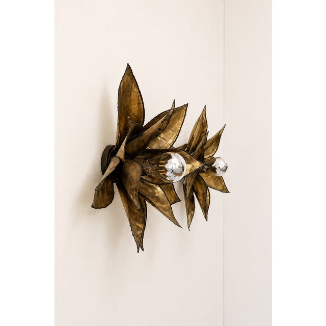 Vintage Brass Wall Sconces with Floral Motif, France, 1960, Set of 2 For Sale - Image 3 of 9