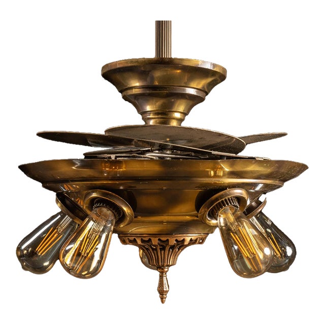 Antique 1920s Mid-West Fan Lite Retractable-Blade Ceiling Fan and Light Fixture For Sale