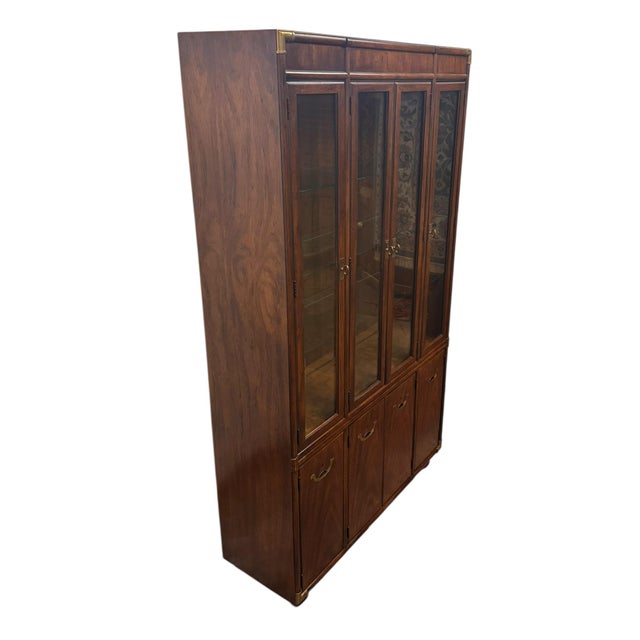 Brown Vintage Drexel Heritage Accolade II Collection Campaign Style Walnut China / Display Cabinet For Sale - Image 8 of 12