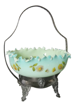 Victorian Silverplate Enameled Glass Bride's Basket