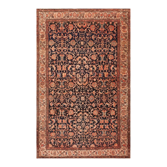 1900s Blue Navy Floral Antique Persian Sarouk Farahan Rug 4'2" X 6'8" Handknotted Wool Carpet For Sale