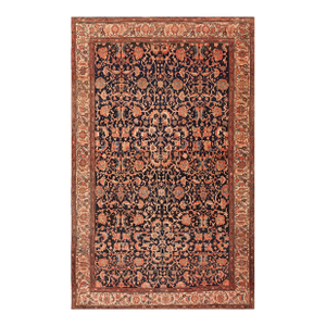 1900s Blue Navy Floral Antique Persian Sarouk Farahan Rug 4'2" X 6'8" Handknotted Wool Carpet