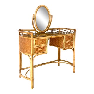 Vintage Coastal Bamboo and Cane Vanity For Sale