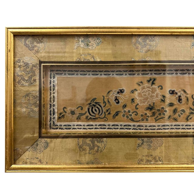 The image displays a pair of antique Chinese silk embroidery panels, likely dating from the late Qing Dynasty to the early...