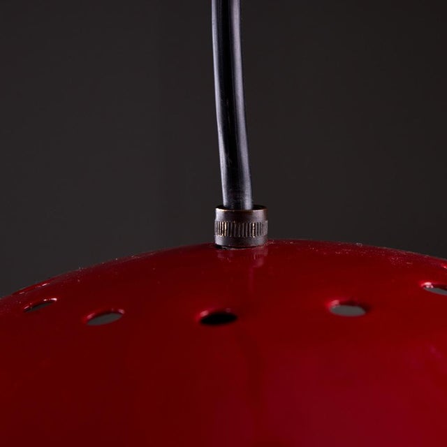 1970s Italian Hemispherical Red Aluminum Pendant Lamp with Round Holes on Top, 1970s For Sale - Image 5 of 15