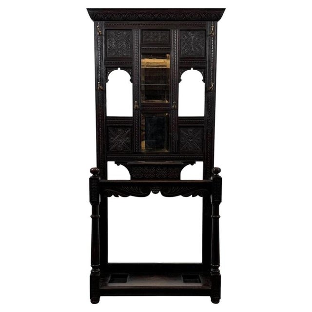 19th Century Antique English Victorian Carved Oak Hall Stand with Mirror For Sale - Image 12 of 12
