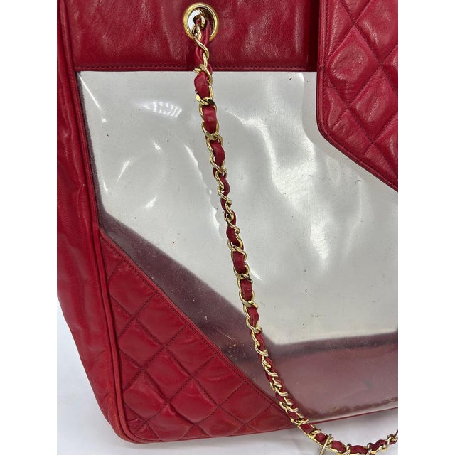 Chanel Vintage Red Leather Clear PVC Shoulder Bag Tote c1990s For Sale - Image 9 of 11
